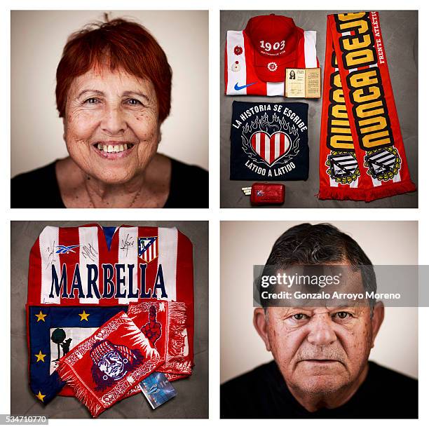 This composite image shows an Athletico Madrid fan alongside the memorabilia they will take to the UEFA Champions League Final on Saturday. **TOP...