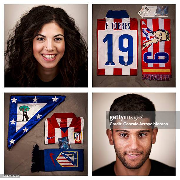 This composite image shows Athletico Madrid fans alongside the memorabilia they will take to the UEFA Champions League Final on Saturday. **TOP...