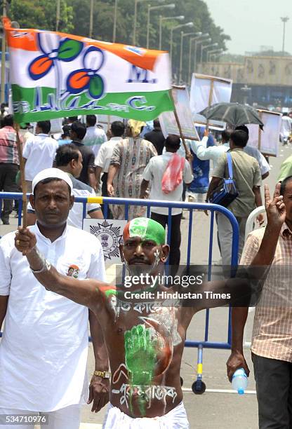 Supporters during the oath taking ceremony of West Bengal Chief Minister Mamata Banerjee on May 27, 2016 in Kolkata, India. The presence of prominent...