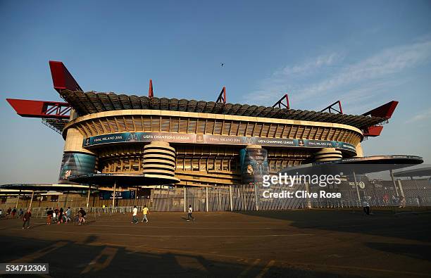 An exterior view of the stadium Stadio Giuseppe Meazza on the eve of the UEFA Champions League Final between Real Madrid and Atletico de Madrid at...