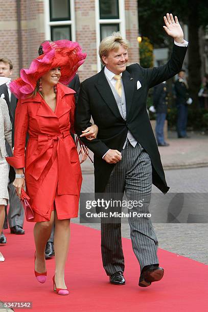 Dutch Crown Prince Willem Alexander and Princess Maxima arrive for the church wedding of Prince Pieter Christiaan and Anita van Eijk at the...