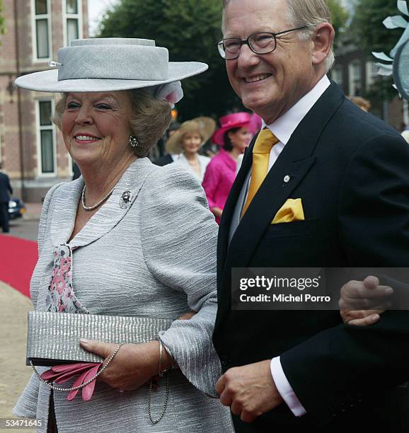 Dutch Queen Beatrix and Pieter van Vollenhoven, father of Prince Pieter Christiaan, arrive for the church wedding of Prince Pieter Christiaan and...