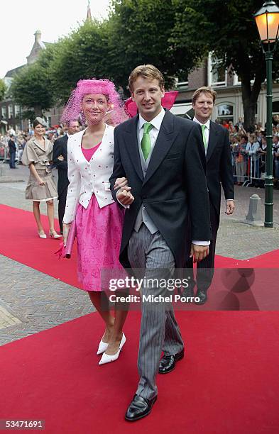 Dutch Prince Floris and Aimee Sohngen arrive for the church wedding of Prince Pieter Christiaan and Anita van Eijk at the 'Jeroenskerk' Church on...