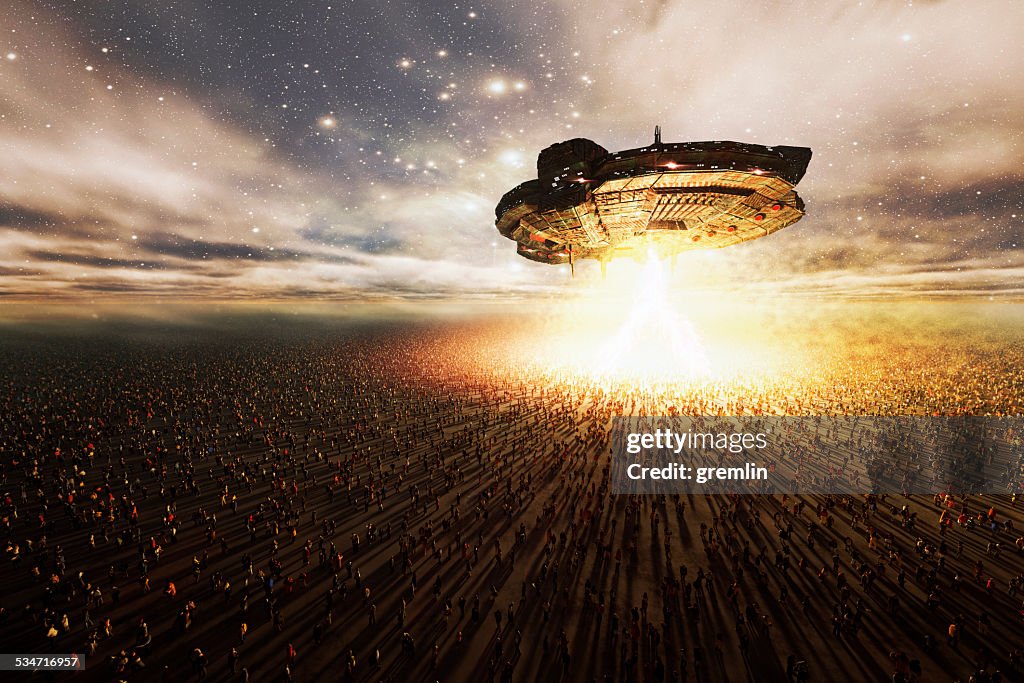 Alien UFO hovering over great masses of people, abduction, invasion