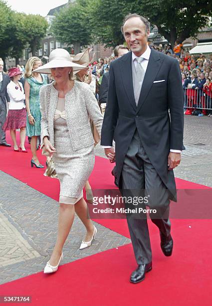 Princess Astrid of Belgium and Duke Lorenz of Austria arrive for the church wedding of Prince Pieter Christiaan and Anita van Eijk at the...