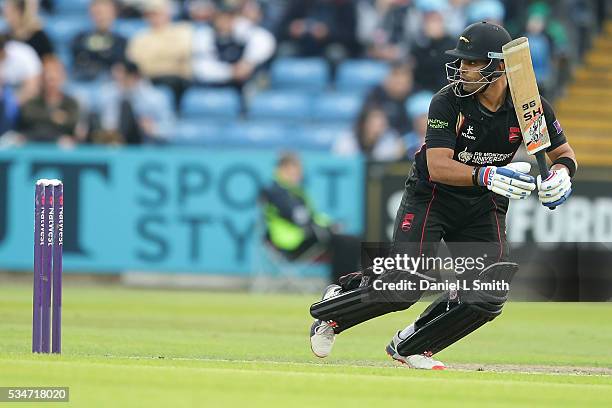 Umar Akmal of Leicestershire Foxes bats during the NatWest T20 Blast match between Yorkshire and Leicestershire at Headingley on May 27, 2016 in...