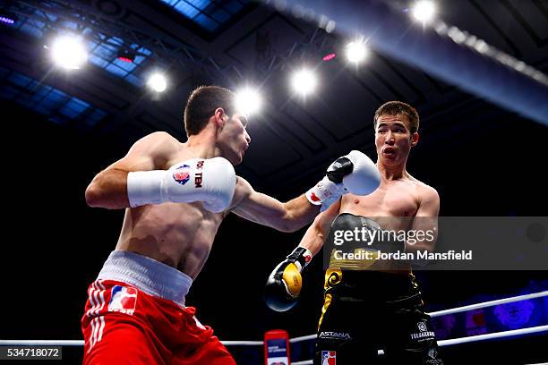 Koryun Soghomonyan of British Lionhearts in action against Azamat Issakulov of Astana Arlans in the semi-final of the World Series of Boxing between...