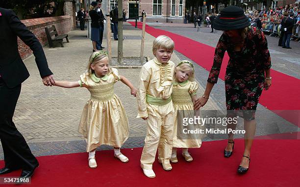 The bridesmaid's children arrive prior to the church wedding of Prince Pieter Christiaan and Anita van Eijk at 'Jeroenskerk' Church on August 27 2005...