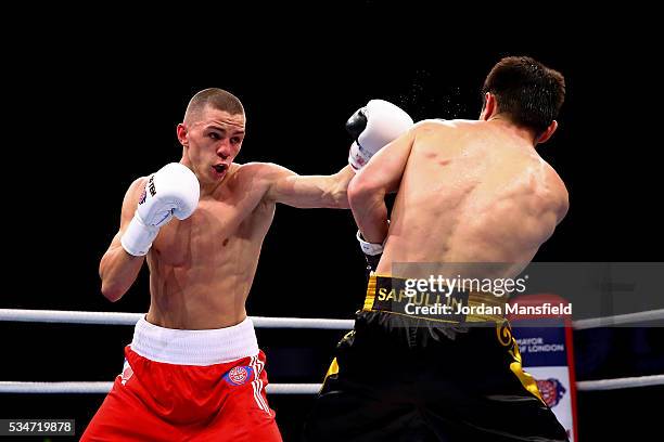 Luke McCormack of British Lionhearts in action against Zakir Safiullin of Astana Arlans in the semi-final of the World Series of Boxing between the...