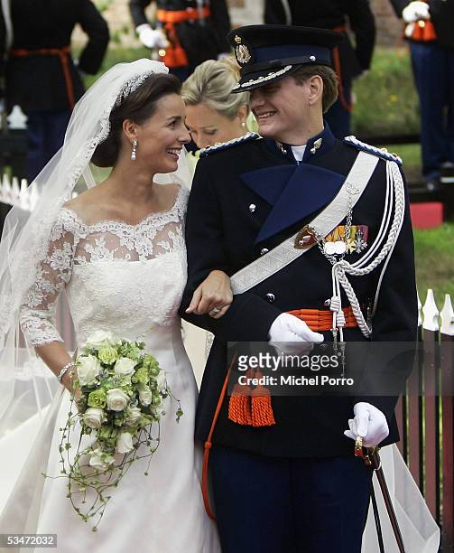 Prince Pieter Christiaan and Anita van Eijk leave the church after they got married at 'Jeroenskerk' Church on August 27 2005 in Noordwijk, The...