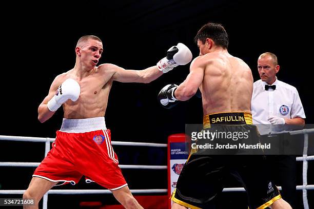Luke McCormack of British Lionhearts in action against Zakir Safiullin of Astana Arlans in the semi-final of the World Series of Boxing between the...