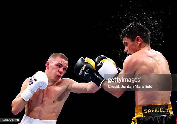 Luke McCormack of British Lionhearts in action against Zakir Safiullin of Astana Arlans in the semi-final of the World Series of Boxing between the...