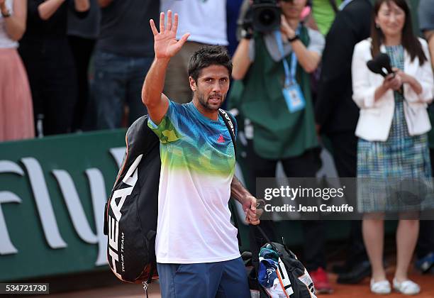 Fernando Verdasco of Spain thanks the fans following his match against Kei Nishikori of Japan on day 6 of the 2016 French Open held at Roland-Garros...