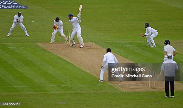 Alex Hales of England hits the ball and is caught out by Angelo Mathews of Sri Lanka during day one of the 2nd Investec Test match between England...