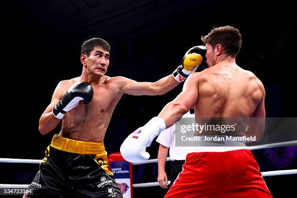 Aslanbek Shymbergenov of Astana Arlans in action against Joshua Kelly of British Lionhearts in the semi-final of the World Series of Boxing between...