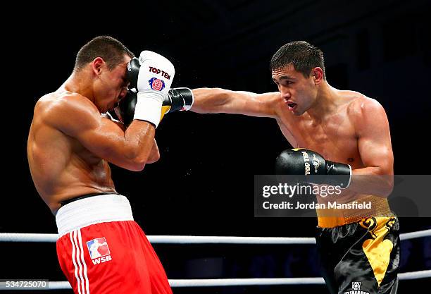 Nurdaulet Zharmanov of Astana Arlans in action against Radoslav Dimitrov Pantaleev of British Lionhearts in the semi-final of the World Series of...