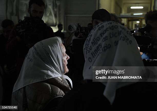 Members of Human Rights organization Madres de Plaza de Mayo Nora Cortinas and Mirta Baravalle, talk to the media before hearing the sentence to be...