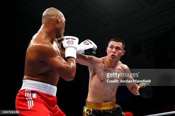 Kunkabayev Kamshybek of Astana Arlans in action against Frazer Clarke of British Lionhearts in the semi-final of the World Series of Boxing between...