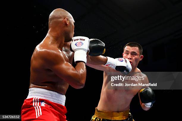 Kunkabayev Kamshybek of Astana Arlans in action against Frazer Clarke of British Lionhearts in the semi-final of the World Series of Boxing between...