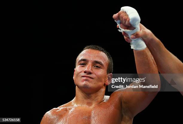 Radoslav Dimitrov Pantaleev of British Lionhearts celebrates his victory over Nurdaulet Zharmanov of Astana Arlans in the semi-final of the World...