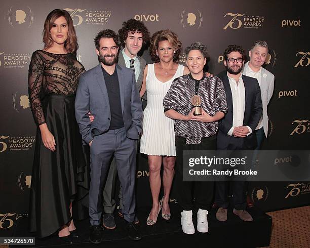 Creator/EP/Director/Writer of "Transparent," Jill Soloway holds the 2015 Peabody Award with our Lady J, Jay Duplass, Ethan Kuperberg, Alexandra...