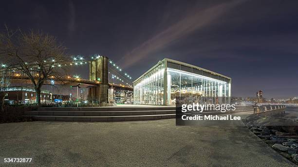 jane's carousel and brooklyn bridge, new york - brooklyn bridge park fotografías e imágenes de stock