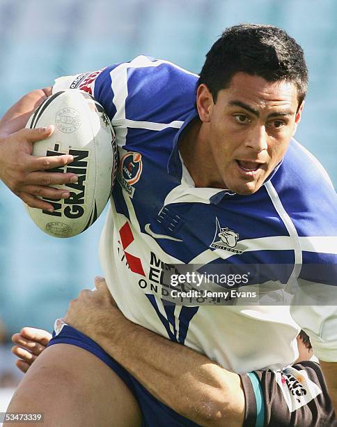 Reni Maitua of the Bulldogs in action during the round 25 NRL match between the Bulldogs and the Penrith Panthers held at Telstra Stadium on August...