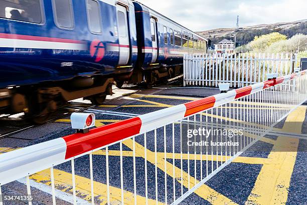 railroad crossing with passing train - level crossing stock pictures, royalty-free photos & images