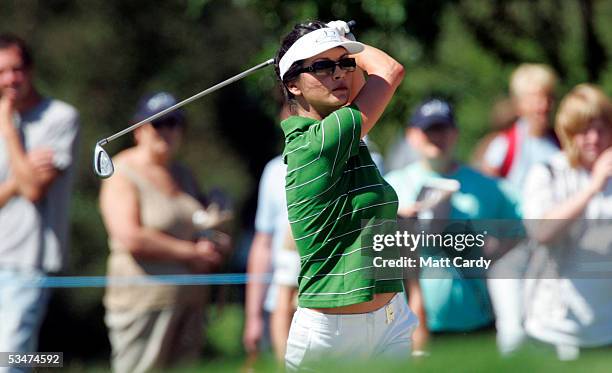 Celebrity golfer Catherine Zeta-Jones hits a shot at the All-Star Cup Celebrity Golf tournament at the Celtic Manor Resort August 28, 2005 Newport,...