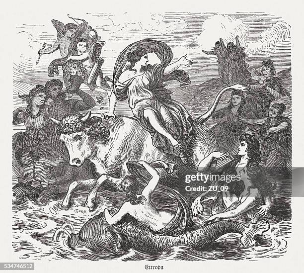 bildbanksillustrationer, clip art samt tecknat material och ikoner med europa on the bull, greek mythology, wood engraving, published 1880 - kidnappning