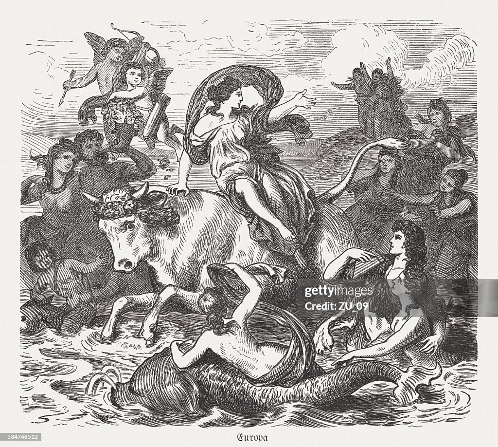 Europa on the bull, Greek mythology, wood engraving, published 1880