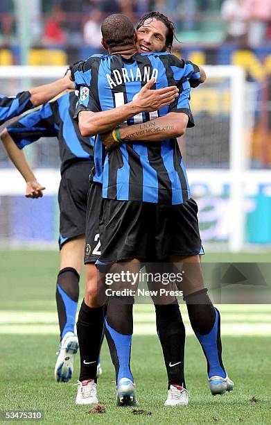Adriano of Inter celebrates a goal during the Serie A match between Internazionale and Treviso at the Giuseppe Meazza San Siro on August 28, 2005 in...