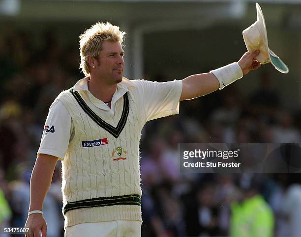 Shane Warne of Australia acknowledges the crowd after taking four wickets during day four of the Fourth npower Ashes Test match between England and...