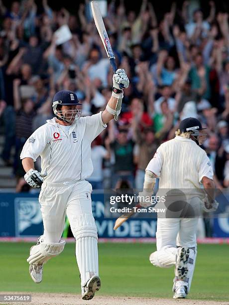 Ashley Giles of England celebrates the winning runs to win day four of the Fourth npower Ashes Test between England and Australia on August 28, 2005...