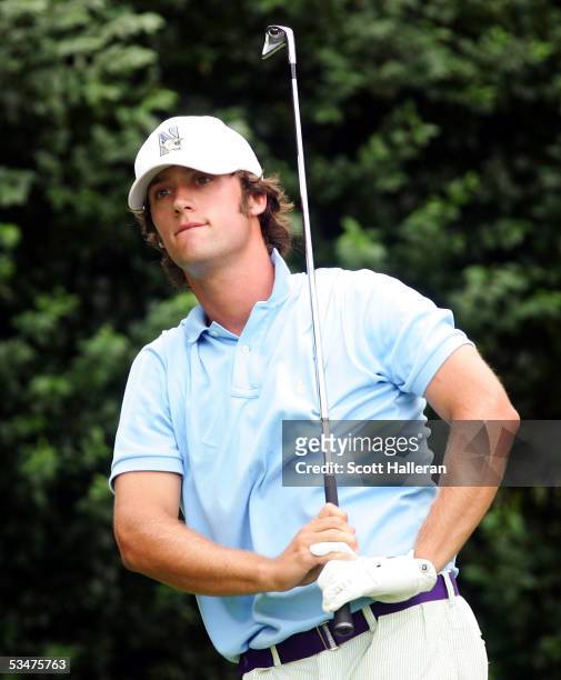 Dillon Dougherty watches a shot during his championship match with Edoardo Molanari of Italy on August 28, 2005 at the 2005 U.S. Amateur at Merion...