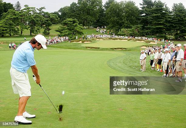 Dillon Dougherty hits a shot on the 23rd hole during his championship match with Edoardo Molanari of Italy on August 28, 2005 at the 2005 U.S....