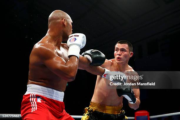 Kunkabayev Kamshybek of Astana Arlans in action against Frazer Clarke of British Lionhearts in the semi-final of the World Series of Boxing between...