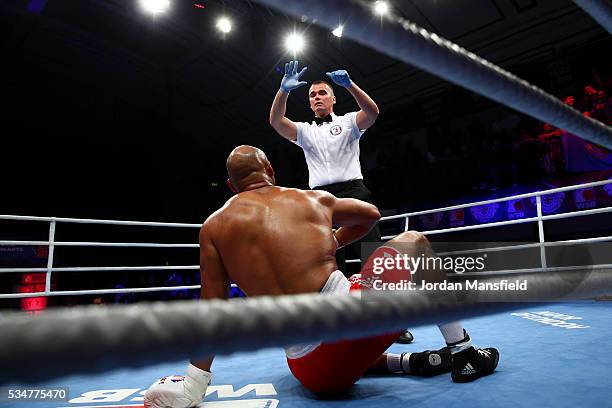 Frazer Clarke of British Lionhearts is counted down by the ref after being knocked down by Kunkabayev Kamshybek of Astana Arlans in the semi-final of...