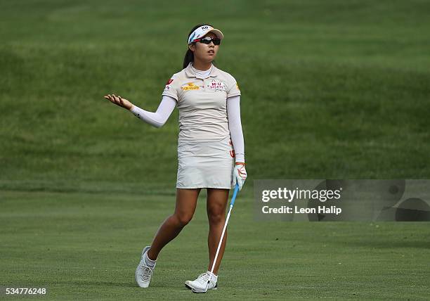 Mi Hyang Lee from South Korea reacts to hitting her approach shot in the green side bunker on the seventh green during the second round of the LPGA...