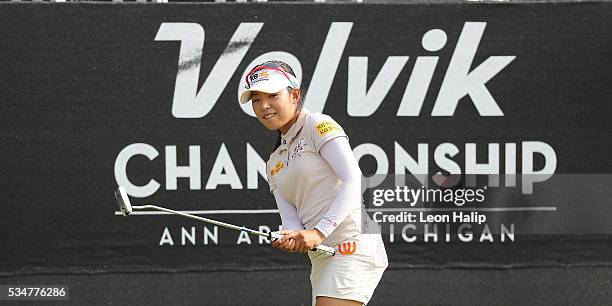 Mi Hyang Lee from South Korea reacts to her putt on the eighteenth green during the second round of the LPGA Volvik Championship on May 27, 2016 at...