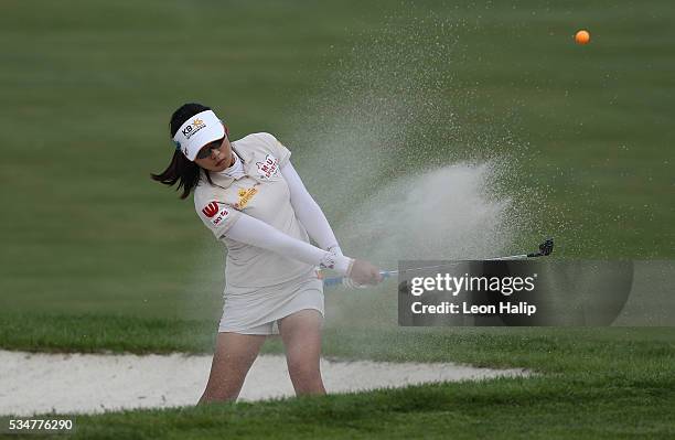 Mi Hyang Lee from South Korea hits her shot from the green side bunker on the seventh green during the second round of the LPGA Volvik Championship...