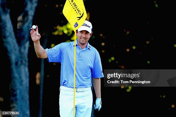 Bryce Molder reacts to a birdie putt on the eighth green during the Second Round of the DEAN & DELUCA Invitational at Colonial Country Club on May...