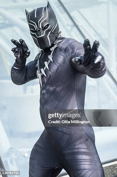 Cosplay enthusiast dressed as Black Panther on Day 1 of MCM London Comic Con at The London ExCel on May 27, 2016 in London, England.