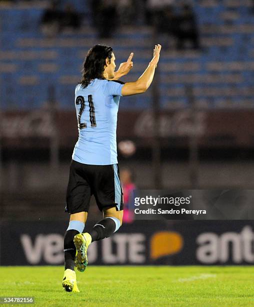 Edinson Cavani of Uruguay celebrates his goal during an international friendly match between Uruguay and Trinidad & Tobago at Centenario Stadium on...