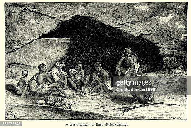 ilustrações, clipart, desenhos animados e ícones de século 19, áfrica-san ou bushman família - caveman