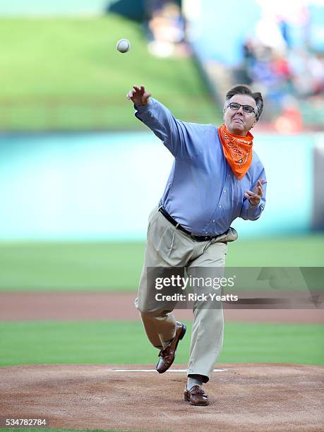 Dan Patrick Texas Lieutenant Governor throws first pitch at Globe Life Park in Arlington on May 27, 2016 in Arlington, Texas.