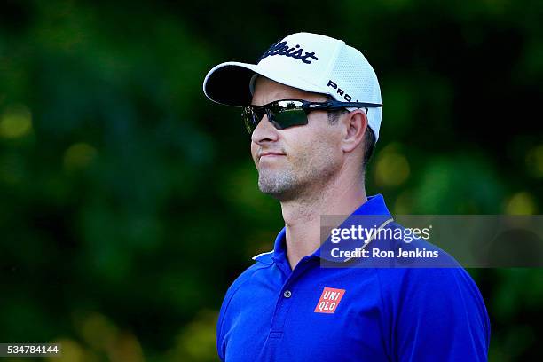 Adam Scott of Australia follows his shot from the eighth tee during the Second Round of the DEAN & DELUCA Invitational at Colonial Country Club on...