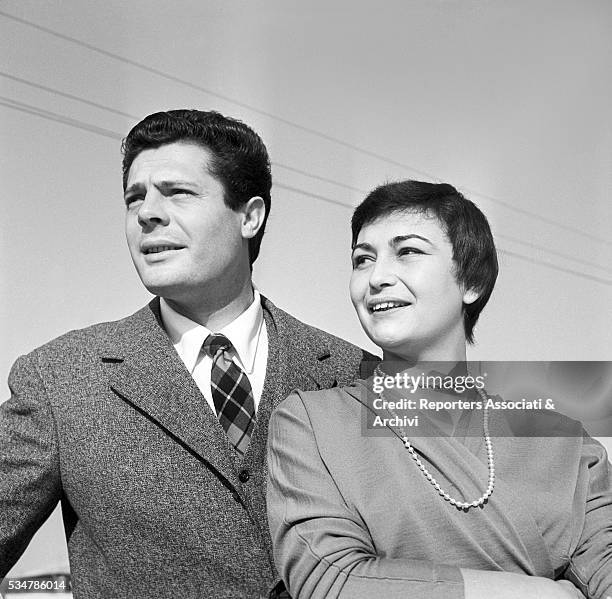 Italian actor Marcello Mastroianni on his terrace with his wife Flora Carabella. 1955