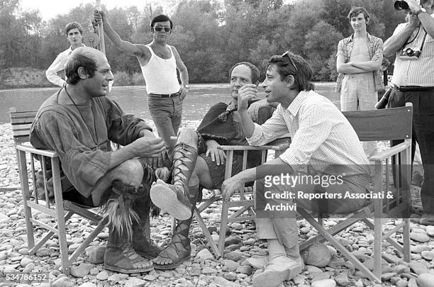 Italian actor Marcello Mastroianni - acting Scipio the African - talking to his brother and Italian actor Ruggero Mastroianni and to Italian director...