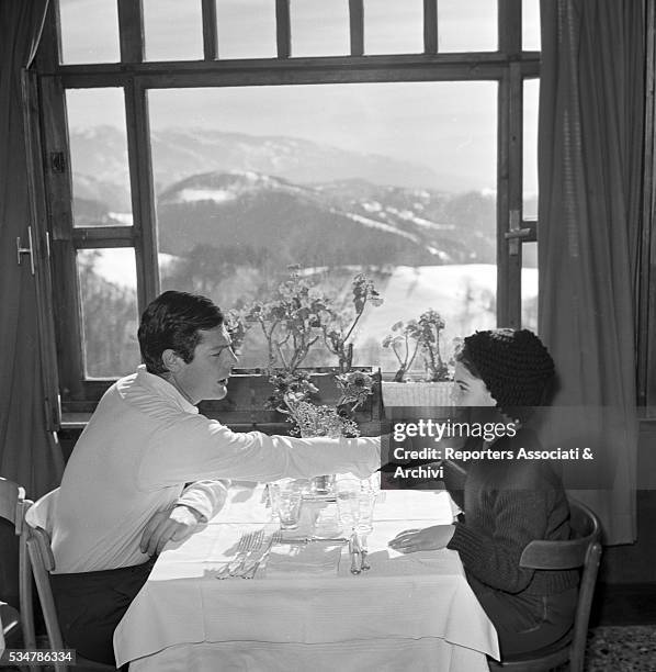 Italian actor Marcello Mastroianni touching his daughter Barbara's chin during their holiday in a village on the Mount Terminillo. Italy, 28th...